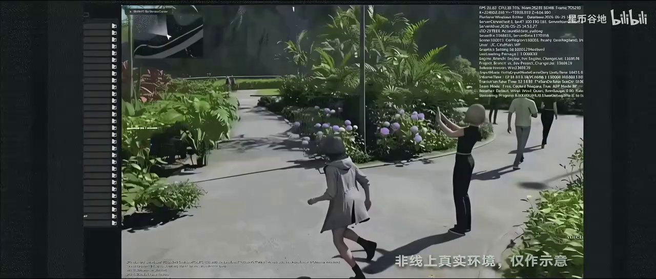 Varsapura character jogging a wide park path bordered by purple hydrangeas and tropical plants