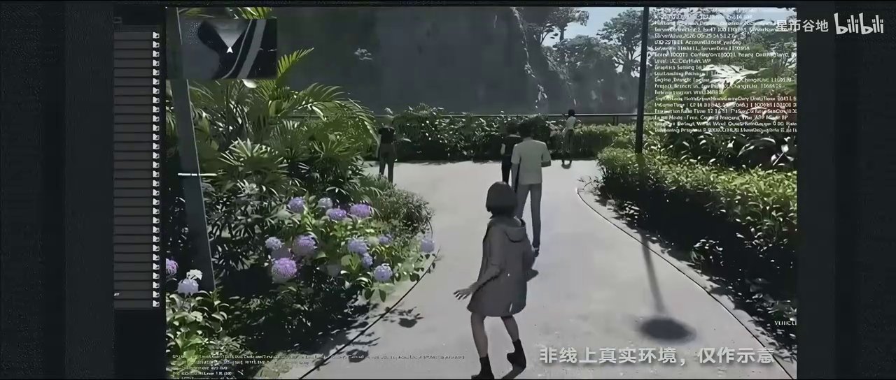 Garden terrace with NPCs and a view opening toward distant city buildings