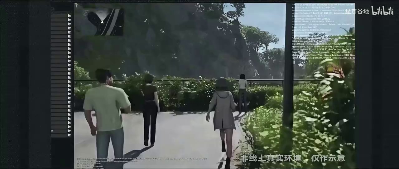 Group of characters walking a shrub-lined park path under daylight with development UI overlays
