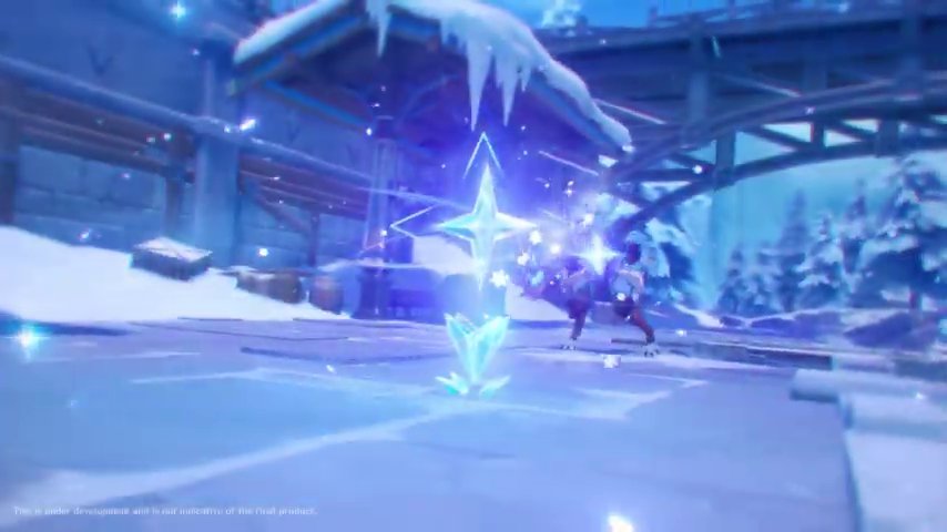 Cryo focal point: luminous four-pointed ice star above a ground spike, blue particles, dark quadrupedal beast beyond, icicle-laden wooden stalls