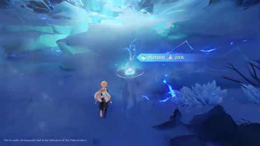 Aether on reflective ice toward a cavern glow; HUD strip with snowflake tally and flask meter, circular floor marker, frosted plants, cyan wisps