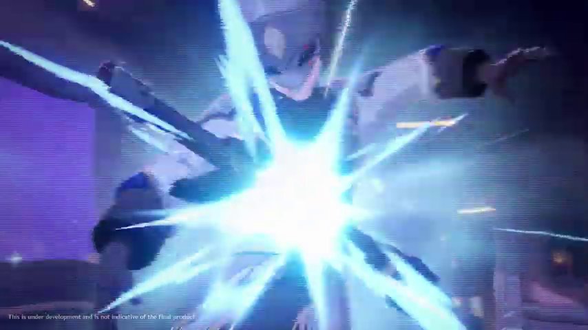 Masked figure in white-and-blue winter regalia with red eyes behind mask, massive cyan-white starburst erupting from chest, purple murk behind