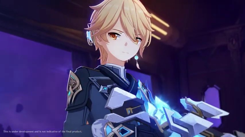 Close portrait of Aether with narrowed amber eyes, blue-bead earring, glowing icy mechanical device lighting his jaw, teal shoulder inlay, purple bokeh interior