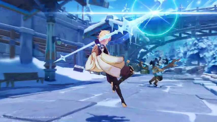 Aether lunging with an ice-crystal blade, horizontal white flare and teal circular shockwave, snowy town with timber buildings and arched bridge